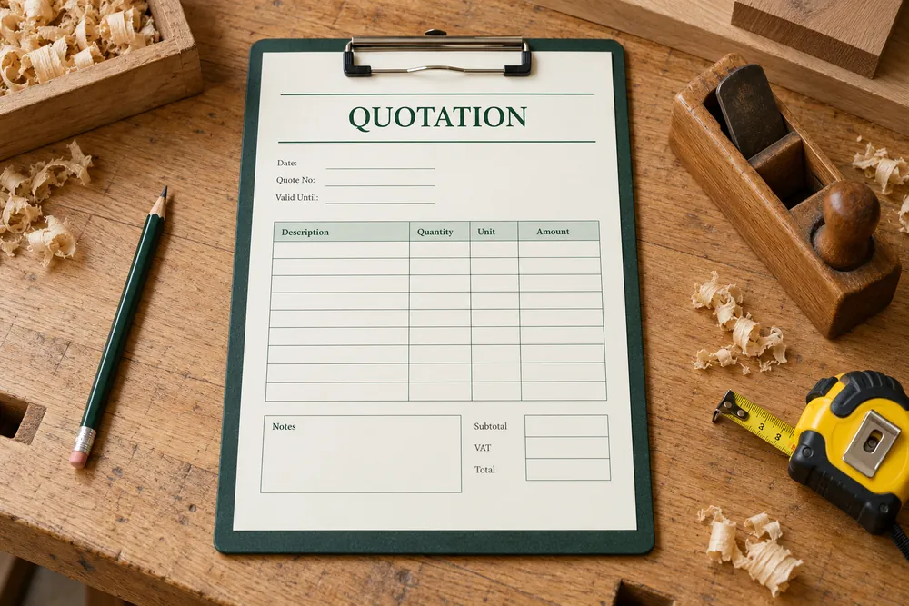 Illustrative quotation on a carpenter's workbench