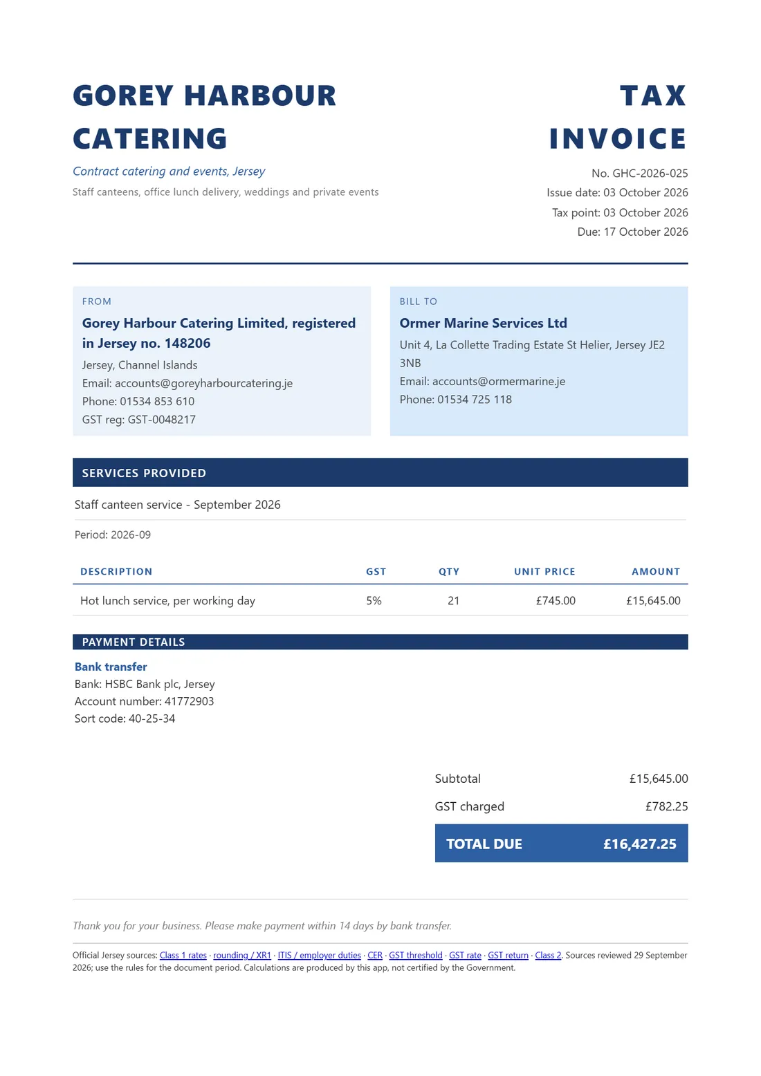 Jersey Business Manager invoice, using a fictional catering business