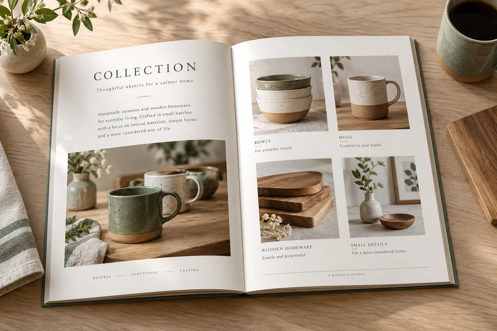 Illustrative printed catalogue of handmade homeware