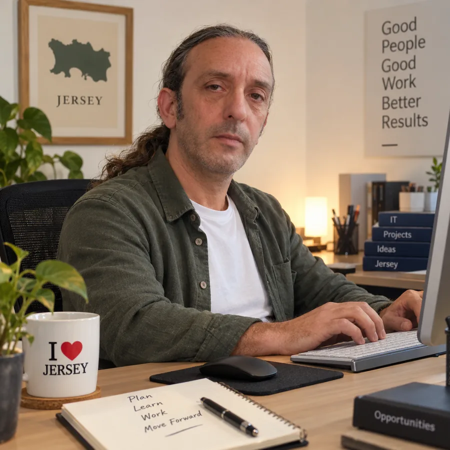 Toni Molina at his desk in Jersey